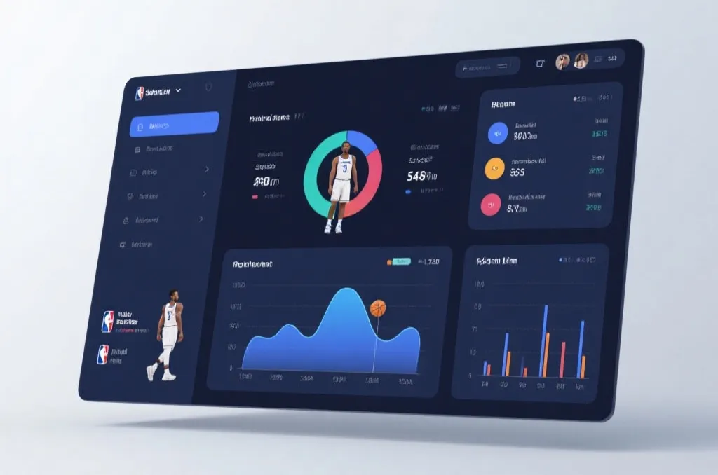 An abstract, professional sports data dashboard interface showing generic basketball analytics charts and player performance metrics, minimalist design